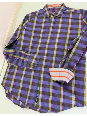Robert Graham Shirt Mens XL Tailored Fit Flip Cuff Plaid Button Up Long Sleeve